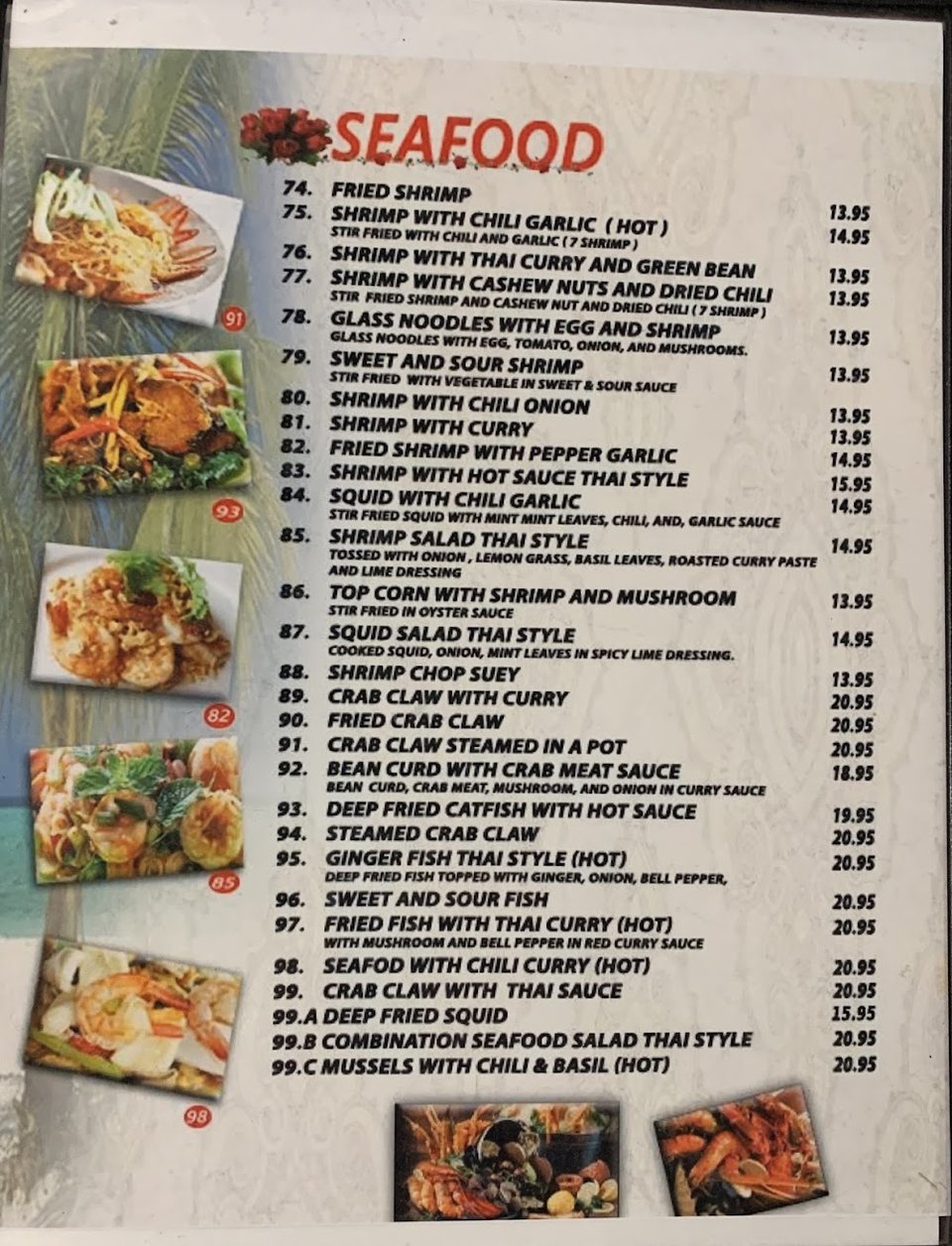 Thai menu featuring beverages, small plates, and rice noodles.