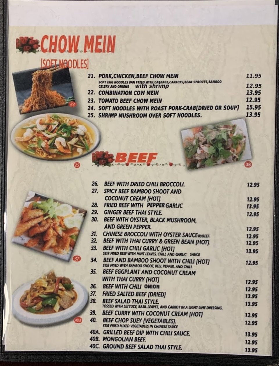 Printed menu showing comfort food and vegetarian options.